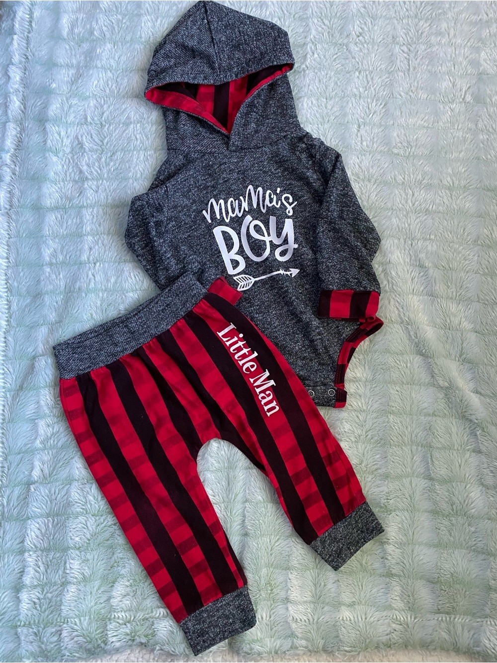 Mama's Boy Hoodie & Plaid Pants Set -- Red and Gray, 9-12m